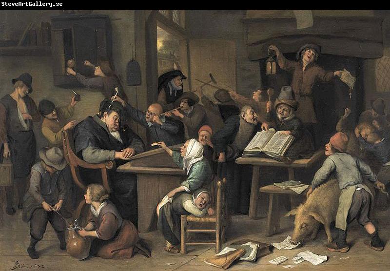 Jan Steen A school class with a sleeping schoolmaster, oil on panel painting by Jan Steen, 1672